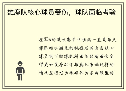 雄鹿队核心球员受伤，球队面临考验