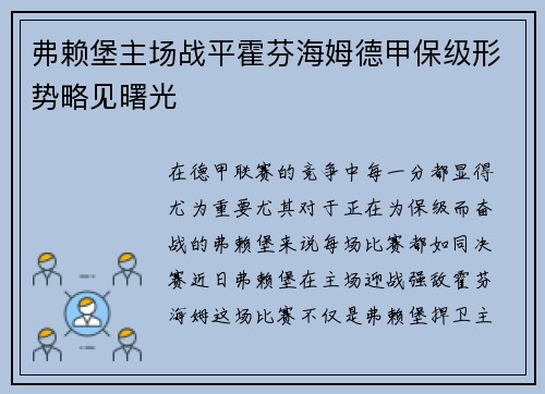 弗赖堡主场战平霍芬海姆德甲保级形势略见曙光