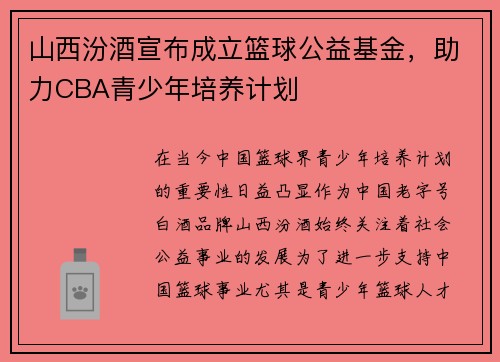 山西汾酒宣布成立篮球公益基金，助力CBA青少年培养计划